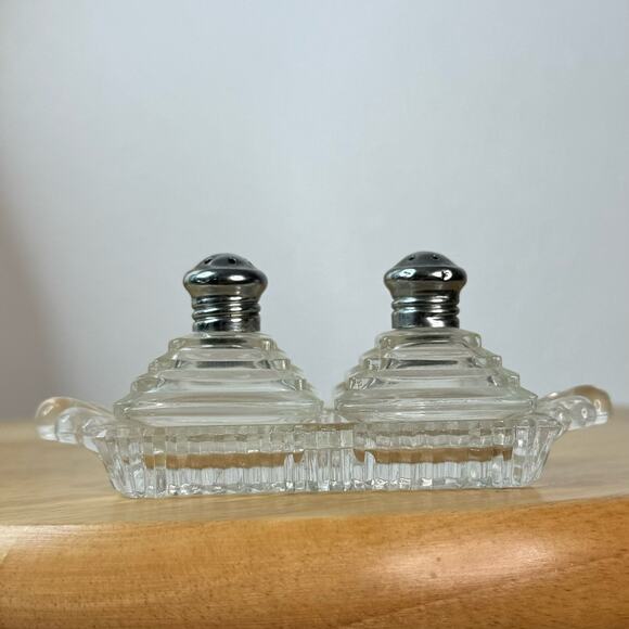 Vintage Irice Pyramid Mini Pepper Salt Set with Tray Glass Art Deco - Picture 2 of 9